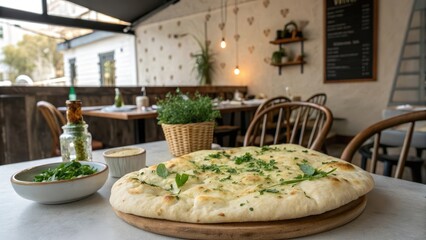 Freshly Baked Naan Bread with Herbs on Wooden Plate