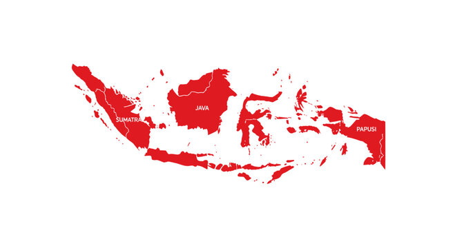 Bold red flat vector map of the Indonesian archipelago, illustrating the geographic silhouette of its major islands on a clean white background, ideal for cartographic or cultural representations