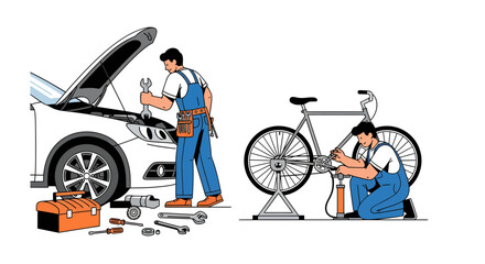 Expert mechanics provide essential repair and maintenance for cars and bicycles, utilizing specialized tools and skills to ensure functionality and reliable operation