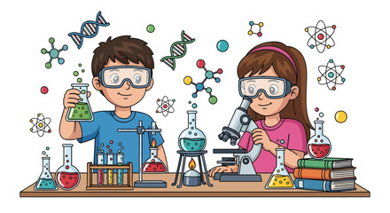 Children conducting science experiments in a laboratory. Boy and girl use microscopes, beakers, test tubes, surrounded by chemistry and biology symbols, promoting STEM
