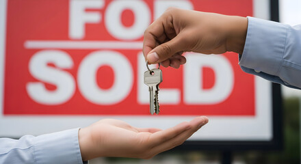 Real estate agent handing over house keys to happy new homeowner in front of sold sign, symbolizing homeownership, investment, and achievement