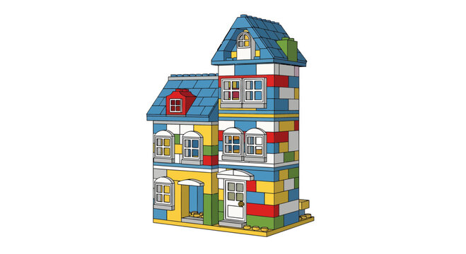 Vibrant cartoon illustration of a cheerful toy house constructed from colorful building blocks, symbolizing childhood creativity, fun, and architectural play
