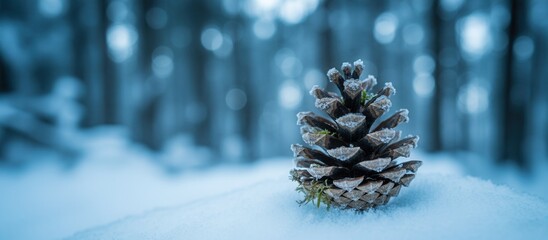 A frosted pine cone resting in the snow with a blurred winter forest background. Seasonal Christmas nature concept with copy space