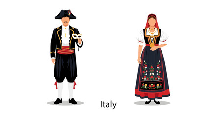 Traditional Italian couple in folk attire standing together, illustration, Italy