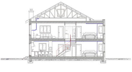 Fototapeta premium Detailed vector architectural cross-section of a modern two-story house, highlighting interior layout, structural elements, and visible utility systems for building design
