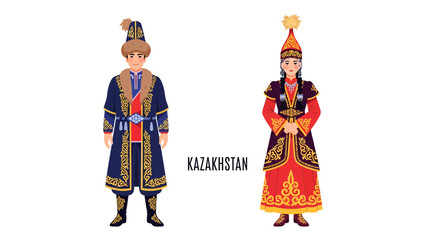 Obraz premium Vector illustration of traditional Kazakh clothing for man and woman, showcasing cultural heritage, on a white background