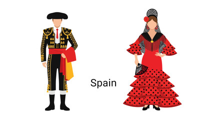 Man and woman in traditional Spanish attire standing together, vector illustration, cultural clothing