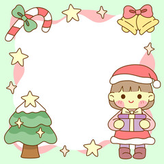 Cute Cartoon Christmas Frame Border Design with Santai Girl and gift box 