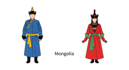 Vector illustration of a man and woman dressed in traditional Mongolian national costumes, set against a clean white background, representing the rich cultural heritage and ethnic clothing