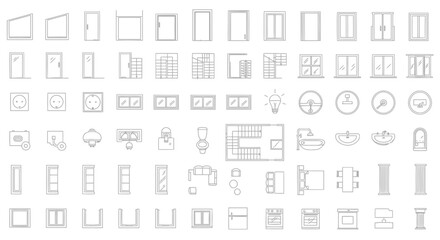 Extensive architectural design vector icon pack, showcasing minimalist line art for floor plan layouts including doors, windows, furniture, and essential building elements
