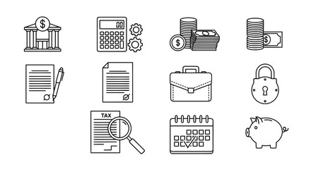 Minimalist Finance and Business Icons Set Outline Vector Symbols for Banking, Accounting, and Economic Concepts in Digital Design