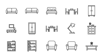 Essential Home Furniture Line Icons Collection for Modern Interior Design, Featuring Minimalist Vector Symbols of Household Items and Room Decor Elements