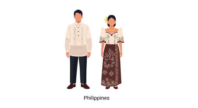 Traditional Filipino couple in national attire illustration. Man wears Barong Tagalog, woman wears elegant cultural dress, symbolizing Philippine heritage