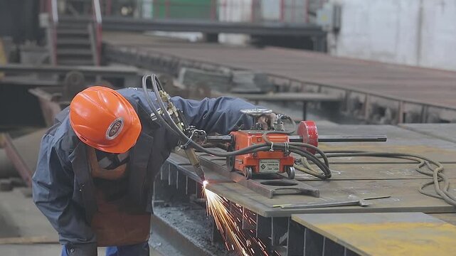 Portable gas cutting machine for gas-oxygen cutting of steel sheet material. Straight-line cutting and cutting of metal close-up. Metal working shop inside. Shipbuilding factory