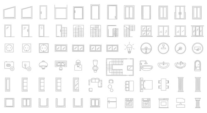 Extensive architectural design vector icon pack, showcasing minimalist line art for floor plan layouts including doors, windows, furniture, and essential building elements