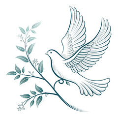 Elegant digital illustration of two stylized doves in flight over a leafy branch, rendered in a calming teal and aqua color palette against a black background