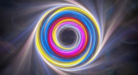 Vivid circular swirl of colorful neon lights in a dynamic motion, creating an abstract and mesmerizing visual effect.