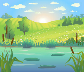 Beautiful summer landscape with a lake, green hills, and sunrise. Vector illustration of calm water with reeds and lily pads, trees, and meadow flowers under a blue sky with clouds, peaceful nature