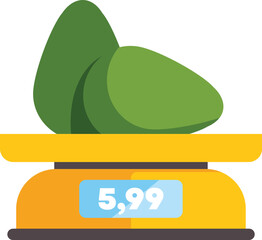 Two avocados are being weighed on a digital grocery scale, displaying a price of 5.99