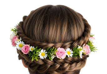 Braided hairstyle with flower crown isolated on transparent background
