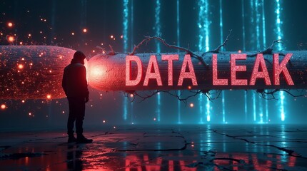 A silhouetted figure stands before a glowing 'DATA LEAK' display, immersed in a futuristic, tech-inspired environment.