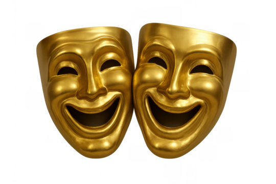 Golden theater masks symbolizing comedy and tragedy, representing emotions, performance, and drama on transparent background