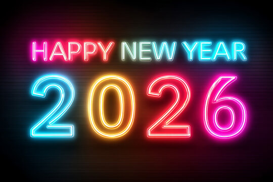 Happy new year illuminated neon sign displaying the year two thousand and twenty six on black background - Powered by Adobe