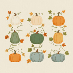 Cute collection of pumpkins and gourds with autumn leaves. Perfect for fall or harvest-themed art.