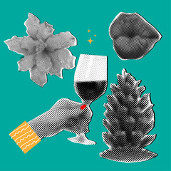 Christmas and Happy New year halftone collage elements,cut out from paper,perfect for social media embellishments and holiday greetings
