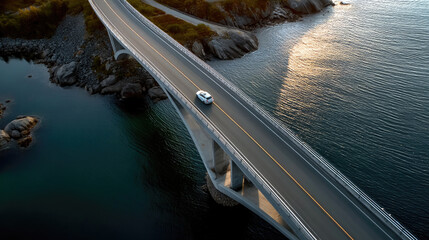 Aerial view car driving on coastal bridge over blue water, scenic landscape, travel adventure, sunlight reflection, peaceful atmosphere