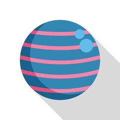 Illustration of a blue planet with pink stripes and two light blue spots, rotating in the vastness of space