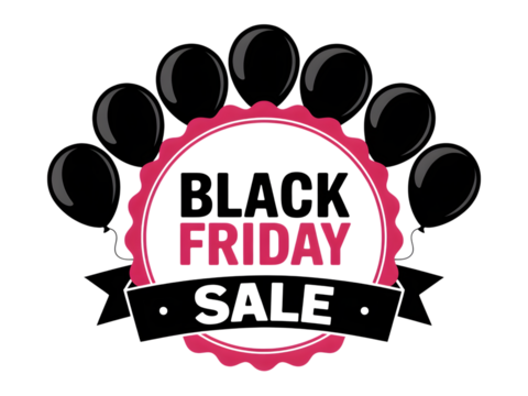 Black friday sale text with black balloons isolated on transparent background