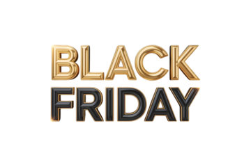 Golden and black 3d text spelling out black friday, isolated on transparent background