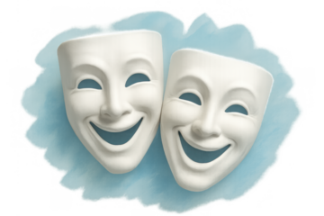 Comedy masks bringing happiness and joy to theater. Laughter and cheerfulness concepts with transparent background