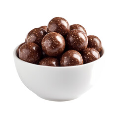 White bowl of chocolate cereal balls isolated on transparent background