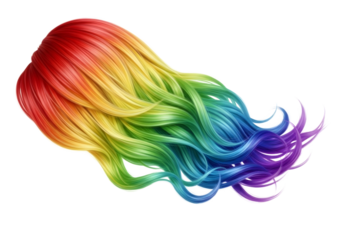 Vibrant rainbow colored wavy hair isolated on transparent background