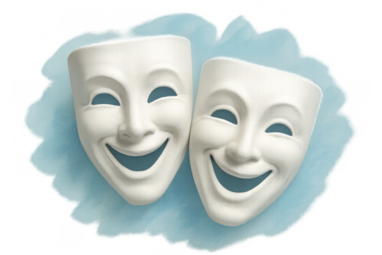 Comedy masks bringing happiness and joy to theater. Laughter and cheerfulness concepts with transparent background