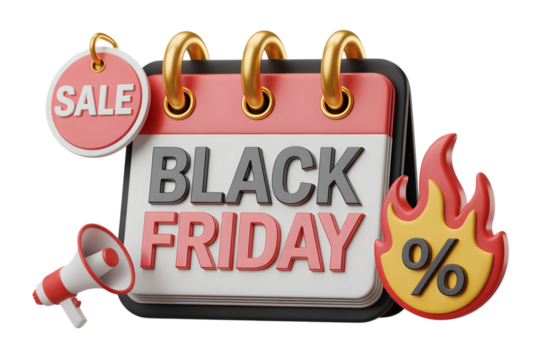 Black friday sale calendar with megaphone, sale tag, and flame icon, isolated on transparent background