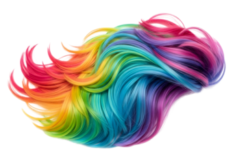 Vibrant rainbow colored wavy hair isolated on transparent background
