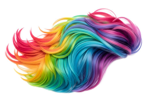 Vibrant rainbow colored wavy hair isolated on transparent background