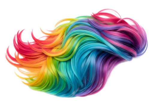 Vibrant rainbow colored wavy hair isolated on transparent background