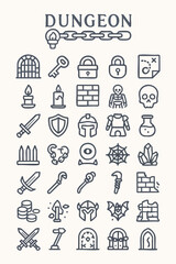 Set of 30 Outline Vector Icons Representing Fantasy RPG, Medieval, and Dungeon Exploration Elements