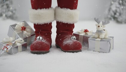 Close-up of Santa Claus's feet in red boots surrounded by gifts in the snow. Festive winter scene with presents and toys for the holiday season