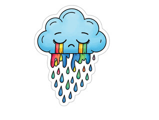 Crying cloud with rainbow tears pure white background.