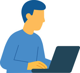 Man Working On Laptop Vector Illustration &ndash; Flat Minimal Male Character Using Computer Icon.