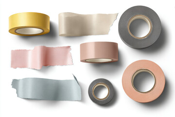 Colorful tape rolls and torn tape pieces on a white background. various rolls of tape and torn pieces in different colors, perfect for creative projects.