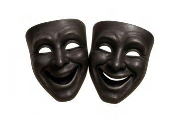 Black comedy masks with smiling happy expressions, representing theatre and entertainment on transparent background