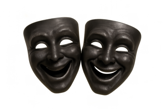 Black comedy masks with smiling happy expressions, representing theatre and entertainment on transparent background