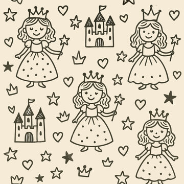 Hand-Drawn Outline Doodle Pattern Featuring Cute Princesses, Castles, and Fairytale Elements on a Textured Background