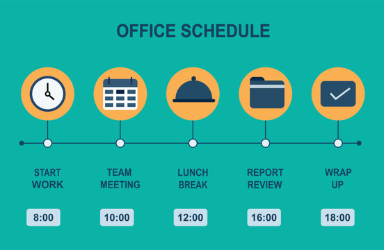 Office Schedule Timeline Infographic. Daily Work Routine, Business Productivity Planning, Time Management Vector Illustration.